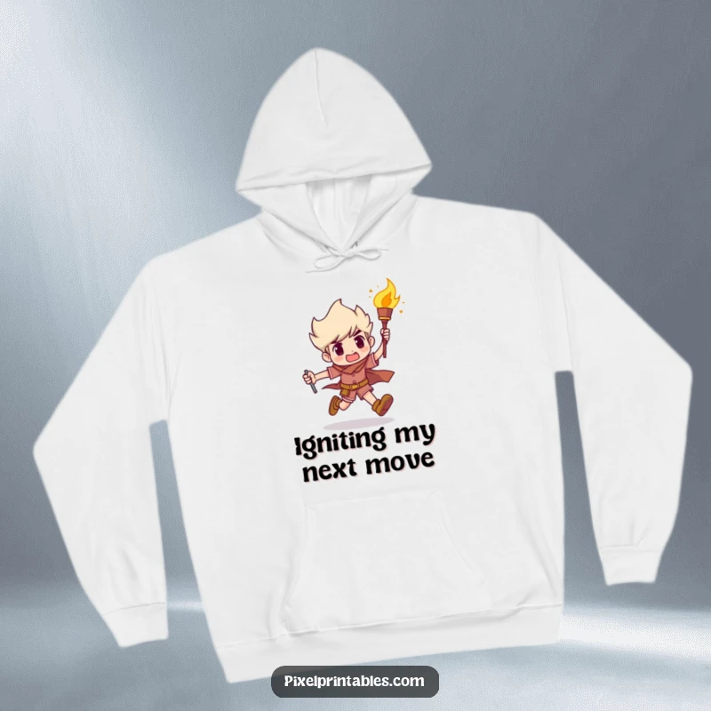 Funny Hoodie: A determined character races forward with a lit torch, radiating humor and unstoppable energy, ideal for a funny gift.