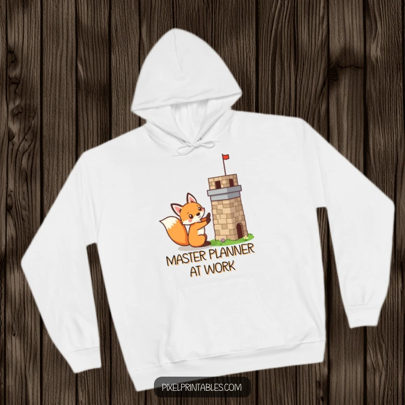 Funny pixelated fox building a tiny pixelated tower, mischievous builder, retro pixel art hoodie, warm and cozy.