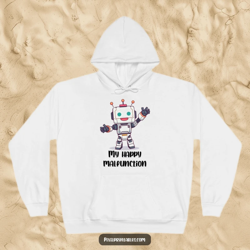 Funny hoodie with a cute, blocky robot character joyfully dancing, offering warmth and playful vibes.