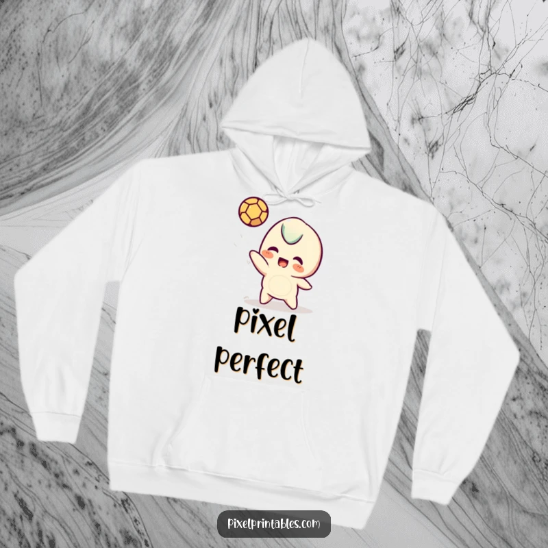 Funny pixel hoodie featuring a playful pixelated character in action with a pixel ball, offering warmth and gamer style.