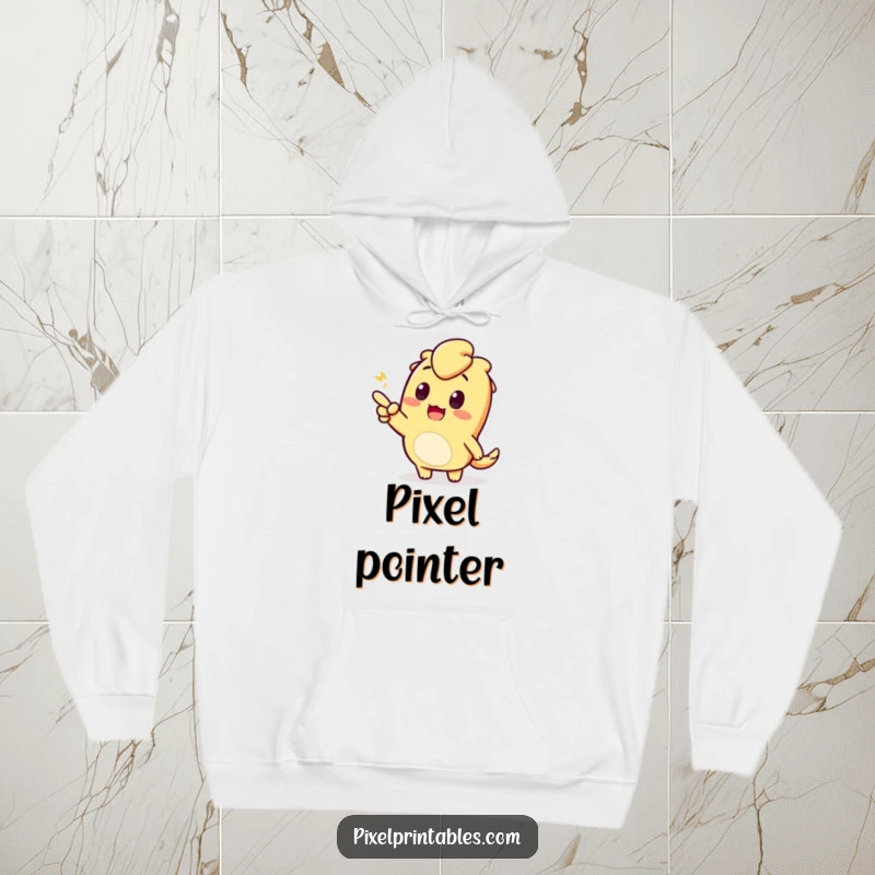 Funny hoodie with a pixelated character pointing enthusiastically. Comfortable and designed for the curious.