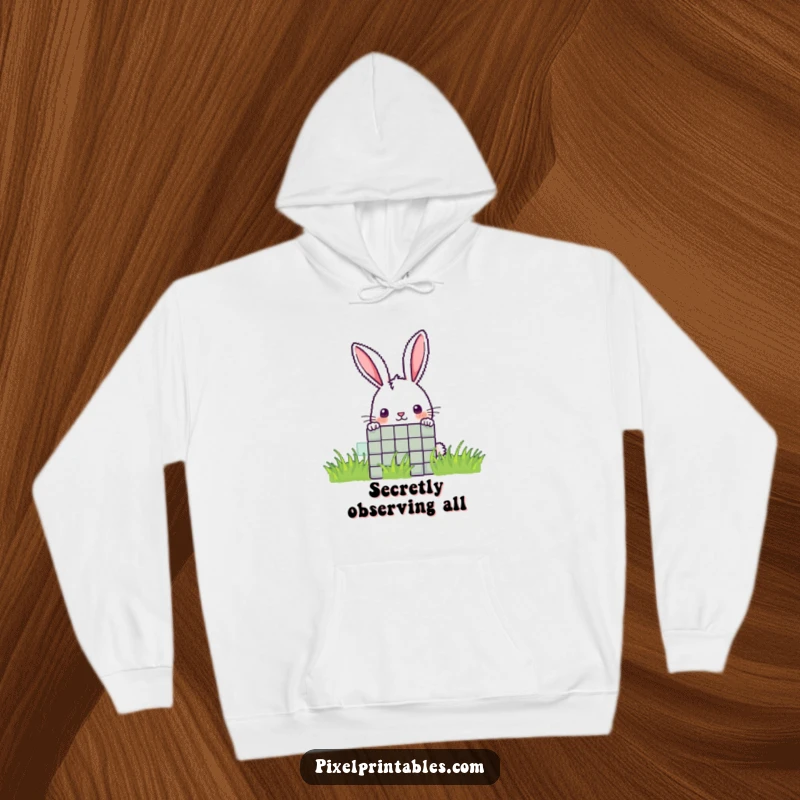Funny pixel rabbit hoodie featuring a curious pixelated rabbit peeking from behind a pixel, for cozy curiosity.