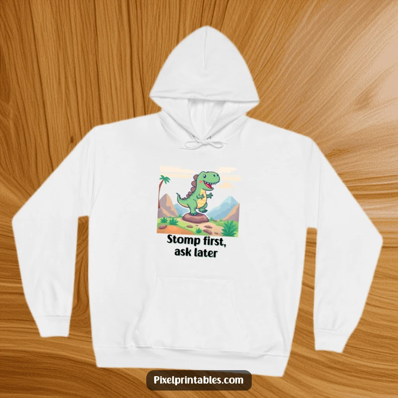 Funny hoodie featuring a super excited dinosaur in a pixelated game world, offering warmth and retro gaming charm.