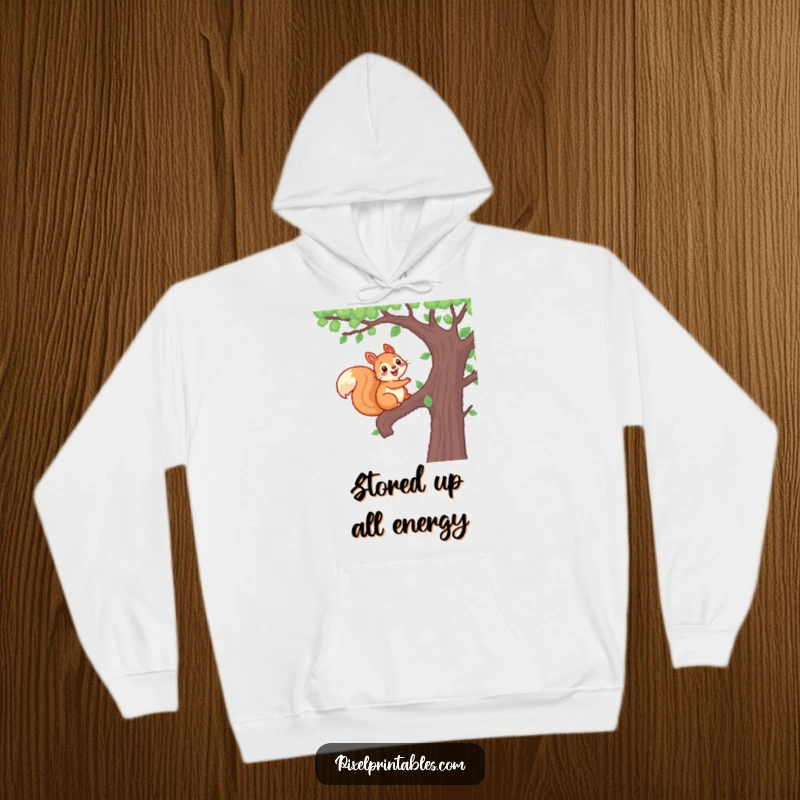 Funny Pixel Squirrel Hoodie featuring a cheerful, pixelated squirrel climbing a pixelated tree, offering warmth and forest fun.