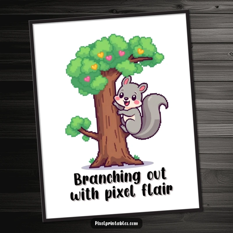 Funny Free Printable Wall Art: A cheerful pixelated squirrel ascends a pixel tree, bringing playful energy indoors.