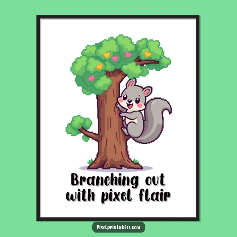 Free Printable Wall Art: Pixel Squirrel Tree Climb Funny Art