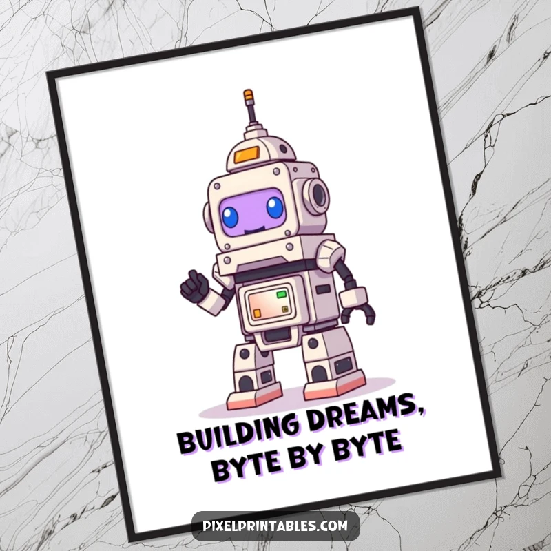Funny Free Printable Robot Wall Art: Determined smiling robot builds a towering pixel structure, tech humor.