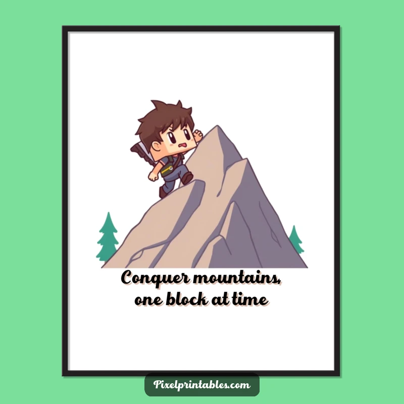 Funny Free Printable Wall Art: Pixel Adventurer Climbs Mountain - Downloadable Decor