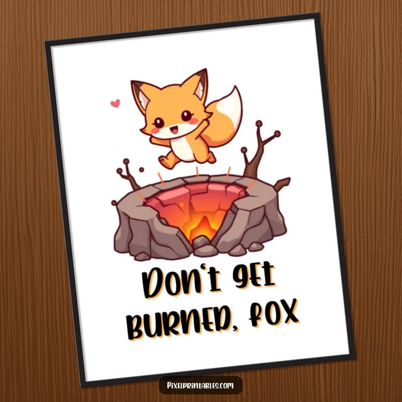 Funny Free Printable Wall Art: Cute fox character jumping a pixelated lava pit, vibrant adventure pixel art.