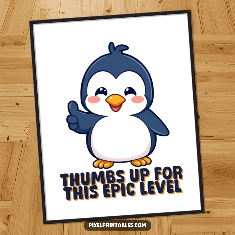 Funny Free Printable Wall Art: A playful pixelated penguin giving a pixelated thumbs up, bringing retro, downloadable humor to your decor.