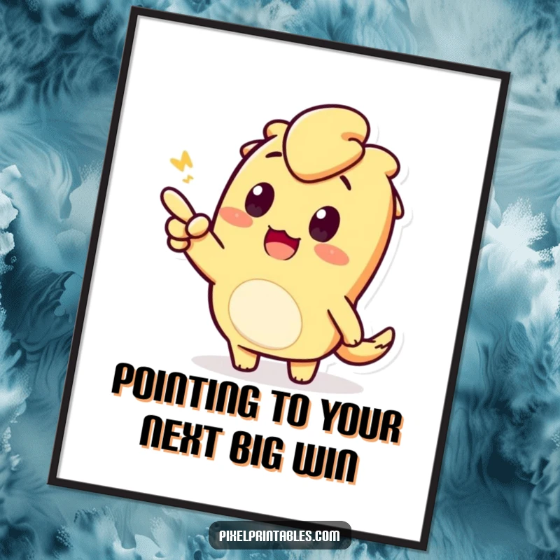Funny Free Printable Wall Art of a curious pixelated character pointing enthusiastically, adding a playful and retro touch to decor.