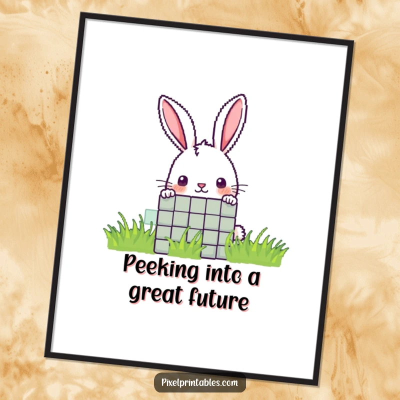 Funny Free Printable wall art: A curious pixelated rabbit peeking from behind a large pixel block, full of intrigue.