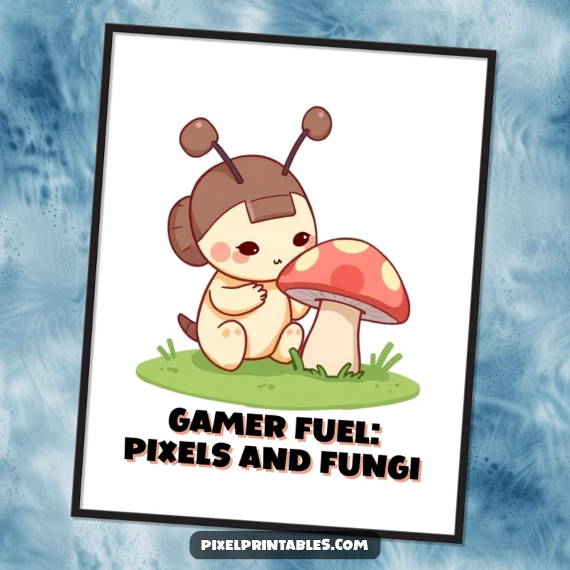 Funny Free Printable Wall Art: A curious pixel character with blocky antennae intensely examines a vibrant, pixelated mushroom.