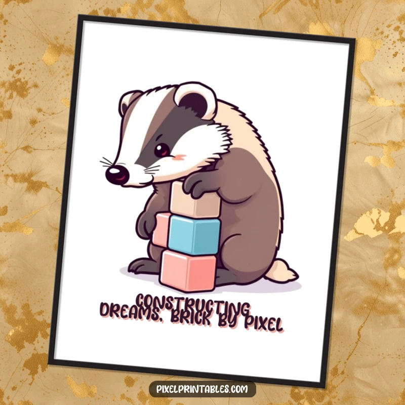 Funny Free Printable Wall Art: A determined badger intently stacks pixelated cubes, showcasing focus and strategy. Downloadable art.
