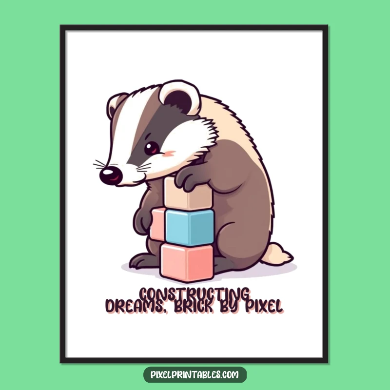 Free Printable Wall Art: Determined Badger Pixel Cube Strategy Funny Downloadable Art