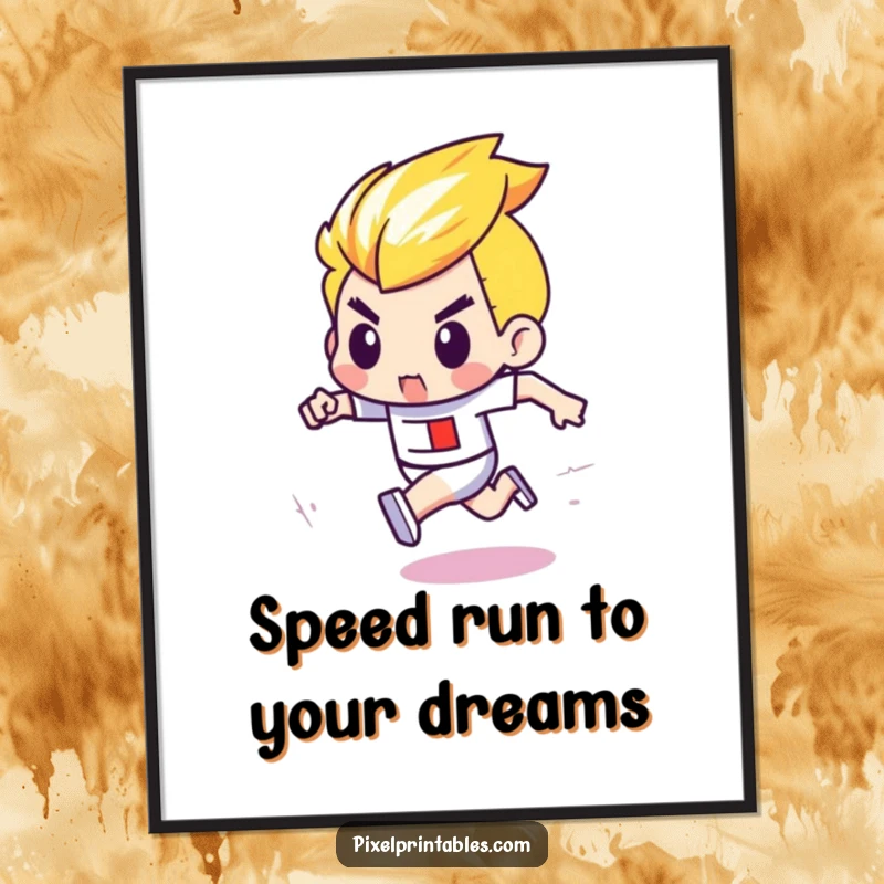 Funny Free Printable Wall Art: A determined pixel character with bold outlines races intensely on a pixelated track.