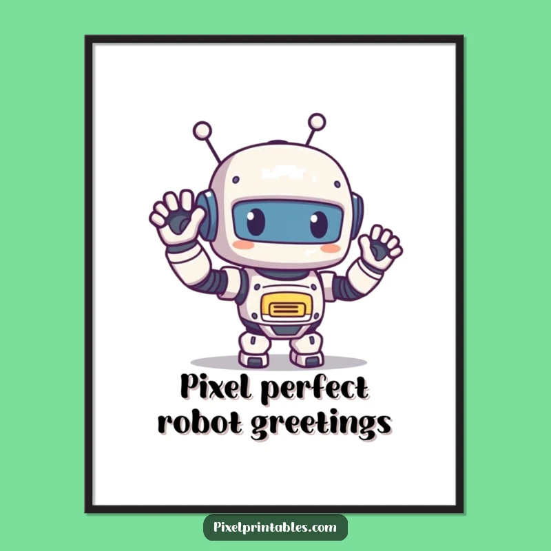 Free Printable Wall Art: Happy Pixel Robot Waves Funny Downloadable Art
