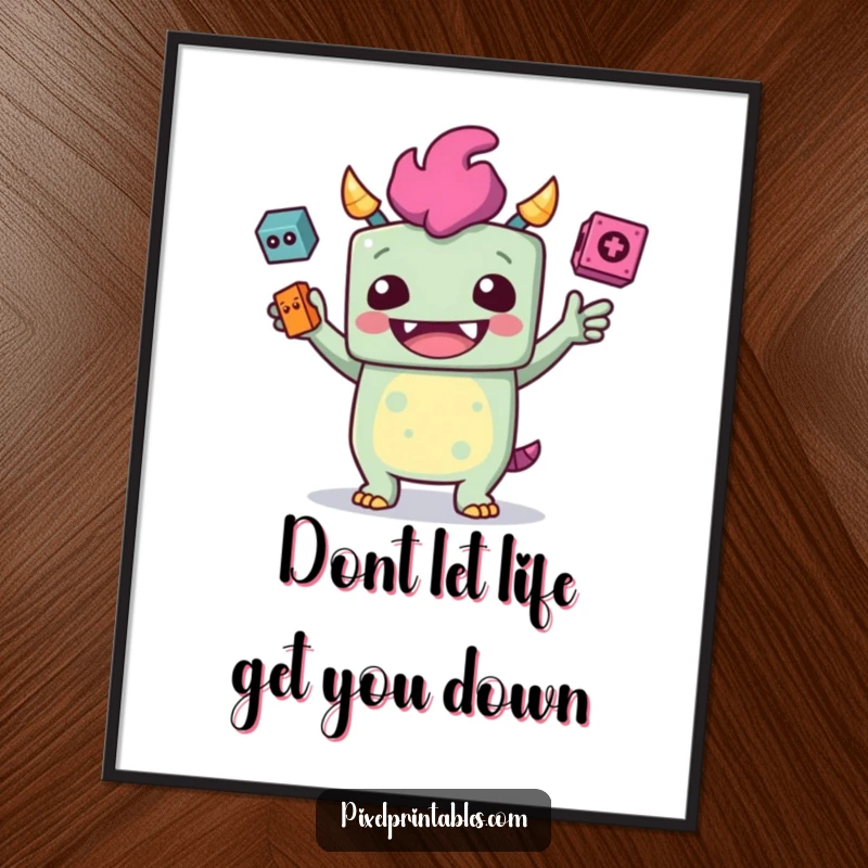 Funny Free Printable Wall Art: A giggling blocky monster juggling pixelated objects, vibrant and fun downloadable art.