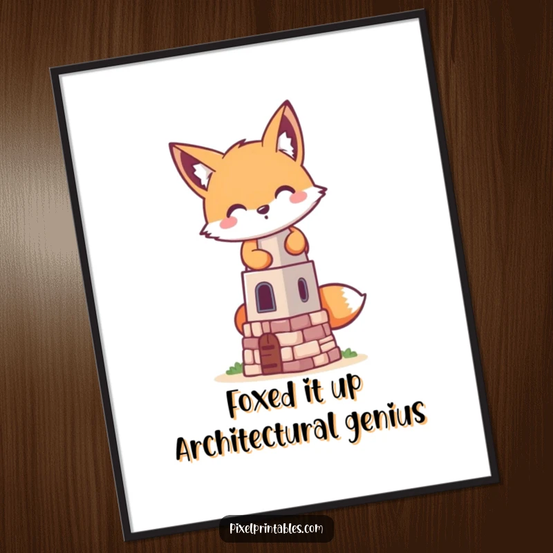 Funny Free Printable Wall Art: A mischievous pixel fox is engrossed in building a tiny pixelated tower, retro style.
