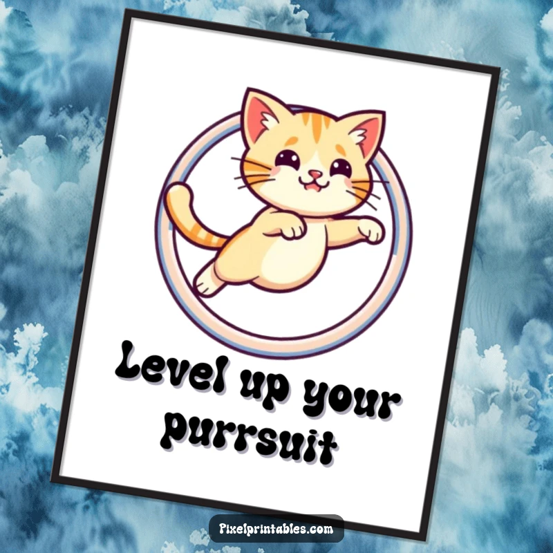 Funny Free Printable Wall Art: Cute pixelated cat leaping through a pixelated hoop. Retro, downloadable decor for a nostalgic feel.