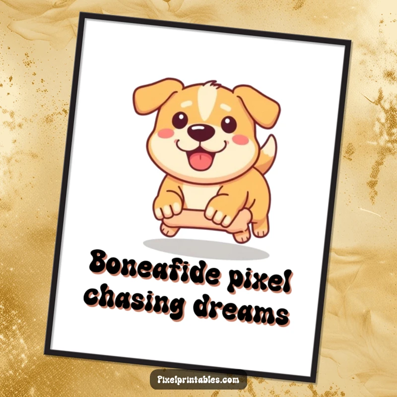 Funny Free Printable Wall Art: A determined pixelated dog relentlessly chases a pixel bone, full of playful energy.