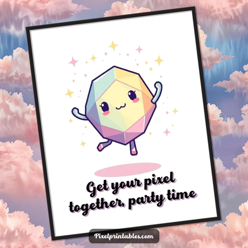 Funny Free Printable Wall Art of a lively, pixelated geometric shape dancing with energetic, digital sparkles, perfect for modern decor.