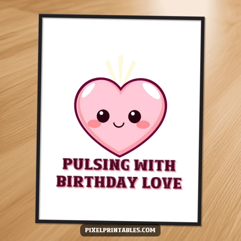 Funny Free Printable Wall Art: A smiling pixelated heart character pulses with gentle, warm light, creating a cozy atmosphere.