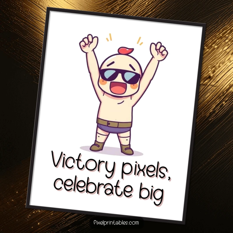 Funny Free Printable Wall Art: A pixel art character strikes an iconic triumphant pose with arms raised high, celebrating success.