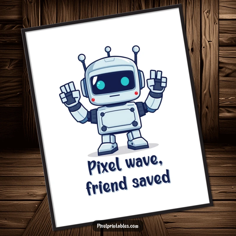 Funny Free Printable Wall Art: A pixelated robot joyfully waving with its distinct square hands.