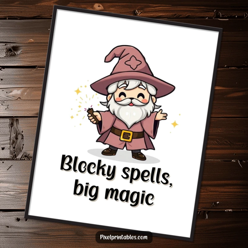 Funny Free Printable Wall Art: A delighted, blocky wizard character conjuring a vibrant, sparkly magical spell in a whimsical style.