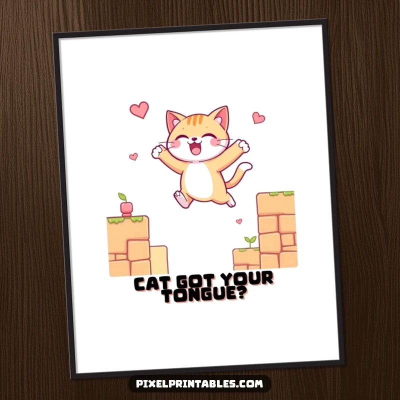 Funny Free Printable Wall Art: Cheerful cat character leaping between pixelated platforms with glee, vibrant pixel art.