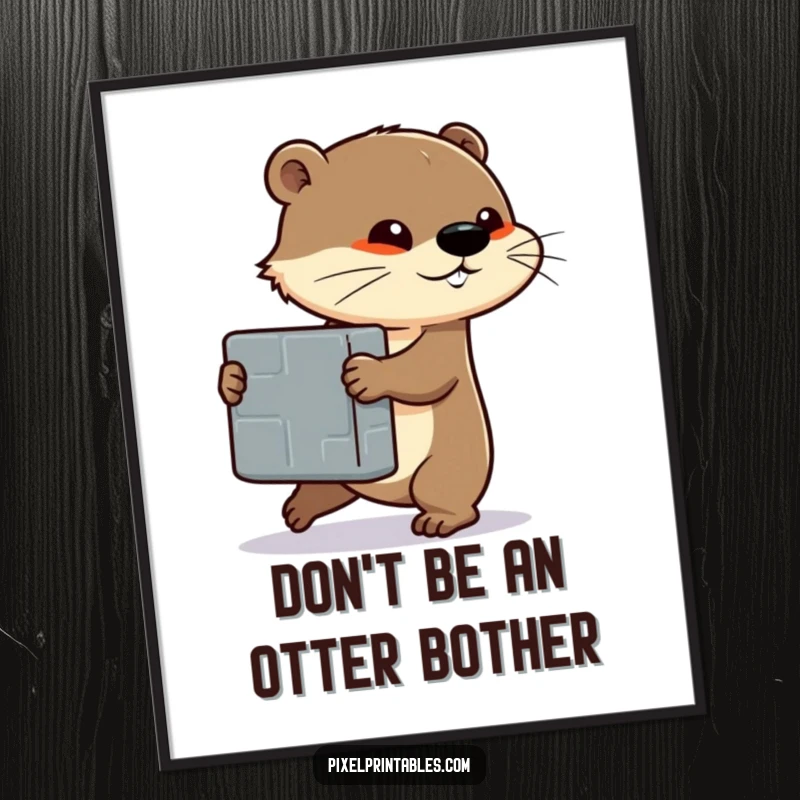 Funny Free Printable Wall Art: Determined otter character pushing a large pixelated block, strong pixel art.