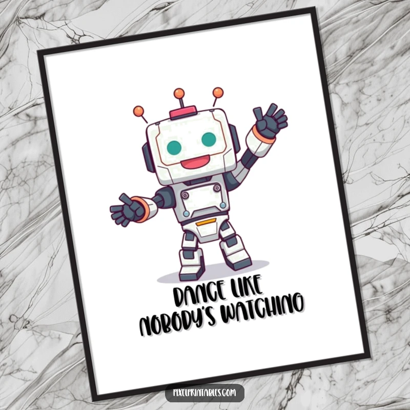 Funny Free Printable Wall Art: A cute, blocky robot character performing an energetic and joyful dance, full of personality.