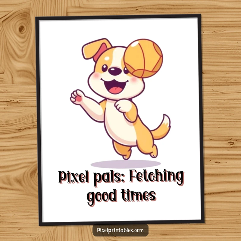 Funny Free Printable Wall Art: A happy pixelated dog leaping to catch a pixelated ball mid-air, bringing a playful and nostalgic vibe to your decor.