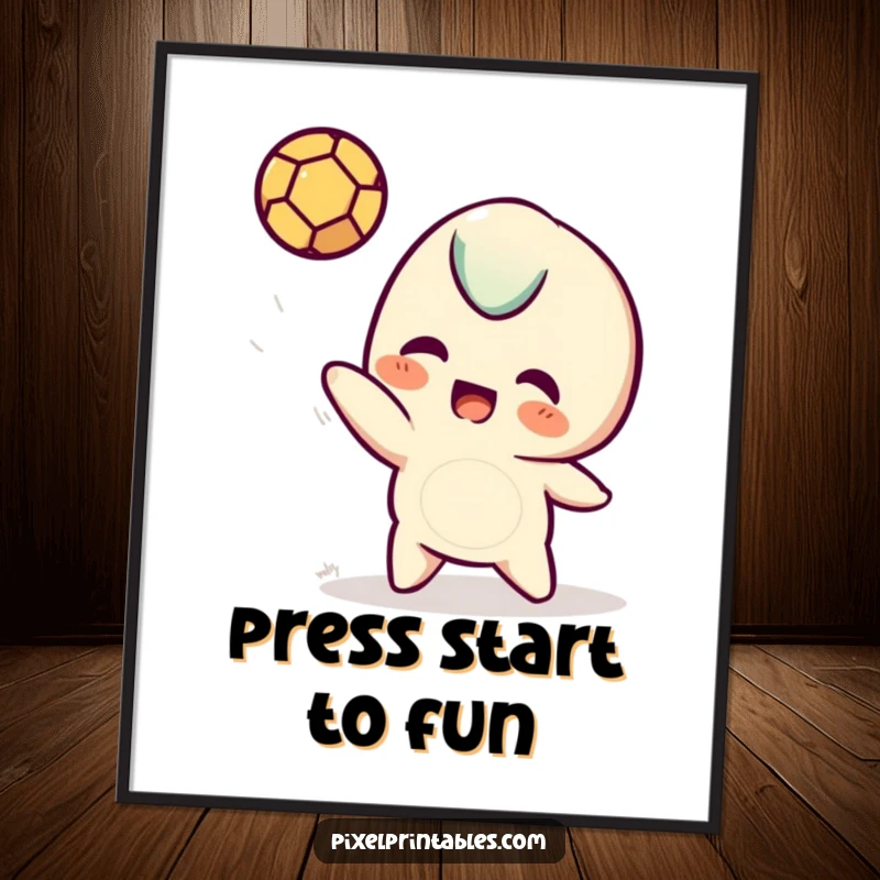 Funny Free Printable wall art: A playful pixel character tossing a small pixelated ball in a retro game style.