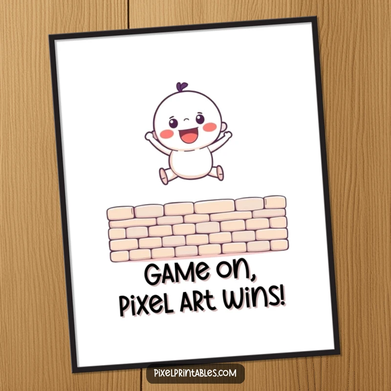Funny Free Printable Wall Art: A gleeful pixel character successfully leaps over a challenging pixel wall, full of retro charm.