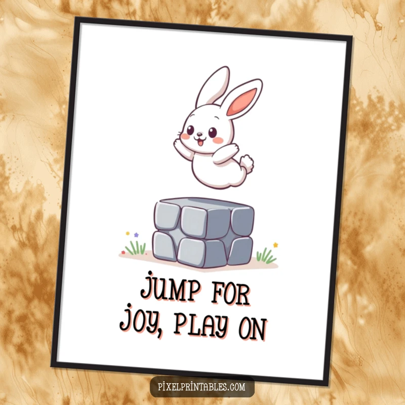Funny Free Printable Wall Art showing a playful bunny energetically jumping over a square pixelated block, adding whimsy.