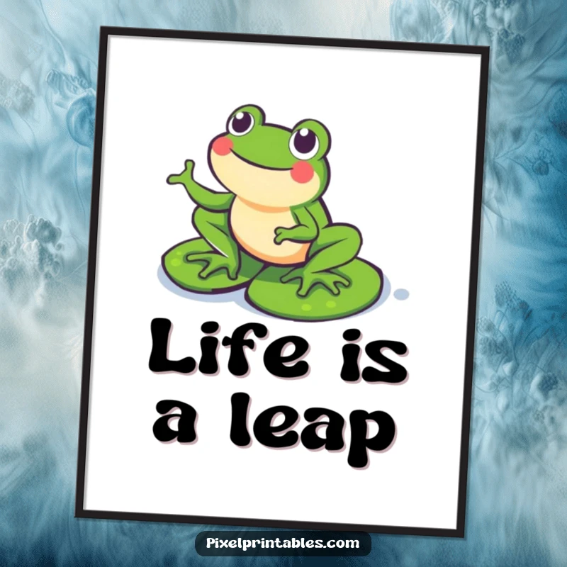 Funny Free Printable Wall Art: A happy pixelated frog enthusiastically hops across vibrant pixel lily pads.