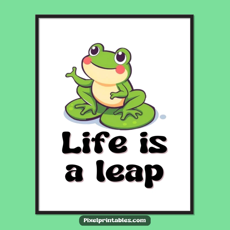 Funny Free Printable Wall Art: Happy Pixel Frog on Lily Pads, Whimsical Downloadable Art