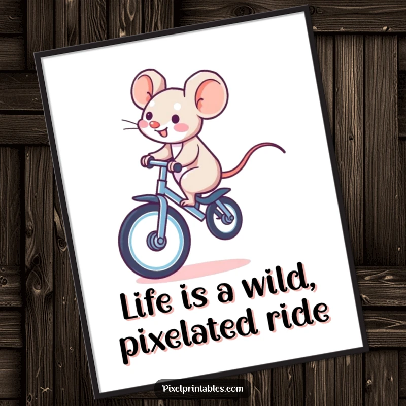 Funny Free Printable Wall Art: A giggling pixelated mouse riding a pixelated unicycle, bringing downloadable joy and pixelated humor to your decor.