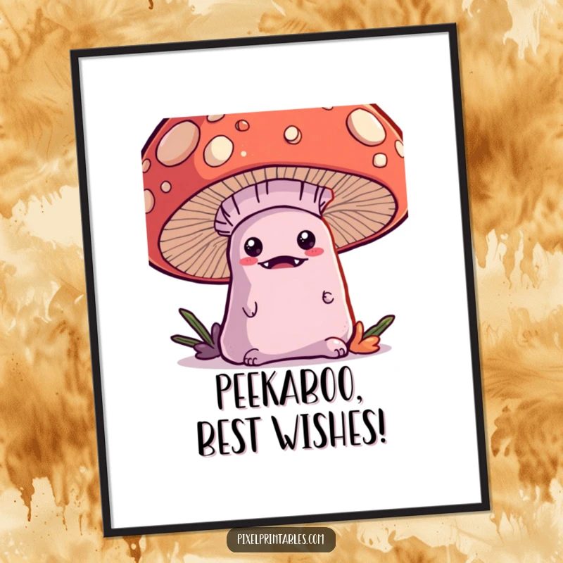 Funny Free Printable Kawaii Monster Wall Art: Cute monster peeks from giant pixel mushroom, playful decor.