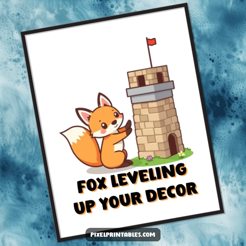 Funny Free Printable Wall Art: A mischievous pixelated fox intently building a tiny pixelated tower, showcasing playful ambition.