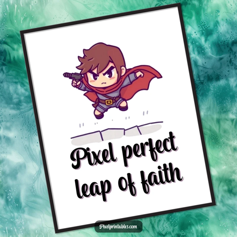 Funny Free Printable Wall Art: A determined pixelated hero mid-leap, embodying action and retro gaming charm, ready to print.