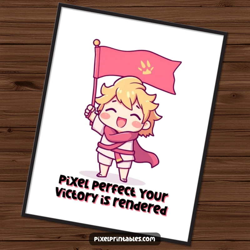 Funny Free Printable Pixel Victory Art, a pixelated character with sharp edges triumphantly raises a pixel flag, celebrating achievement.
