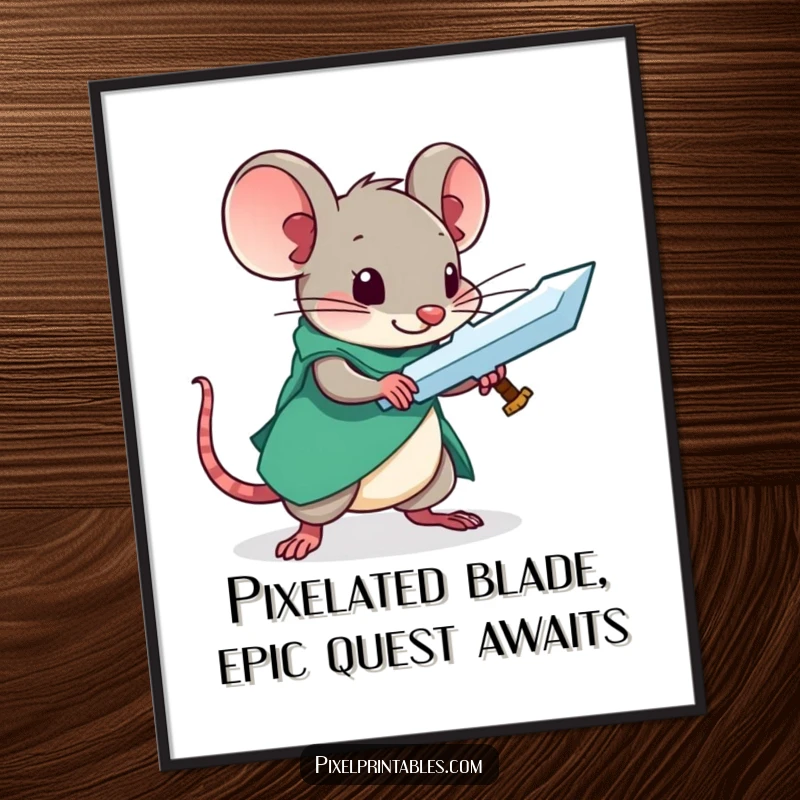 Funny Free Printable Wall Art: Curious pixelated mouse focused on crafting a retro game sword, bringing gaming vibes to decor.