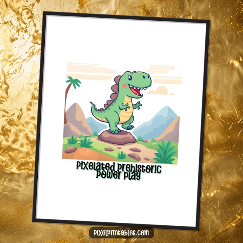 Funny Free Printable Wall Art: Excited pixelated dinosaur stomping energetically in a vibrant retro game landscape, adding fun decor.