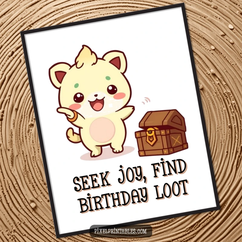 Funny Free Printable Wall Art: A cute pixel creature enthusiastically points towards a sparkling treasure chest, inviting adventure.