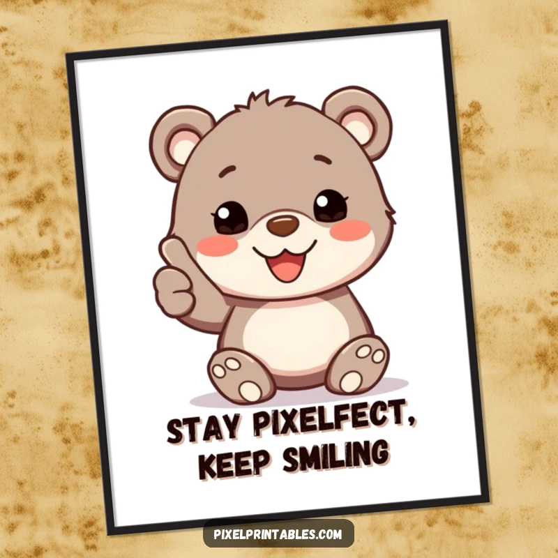 Funny Free Printable Wall Art showcasing a happy bear cub with distinct pixelated fur giving a solid thumbs up.