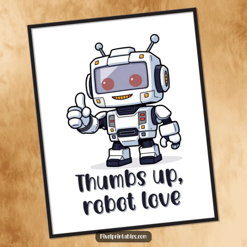 Funny Free Printable Wall Art: A friendly blocky robot with glowing pixels gives a solid thumbs up.