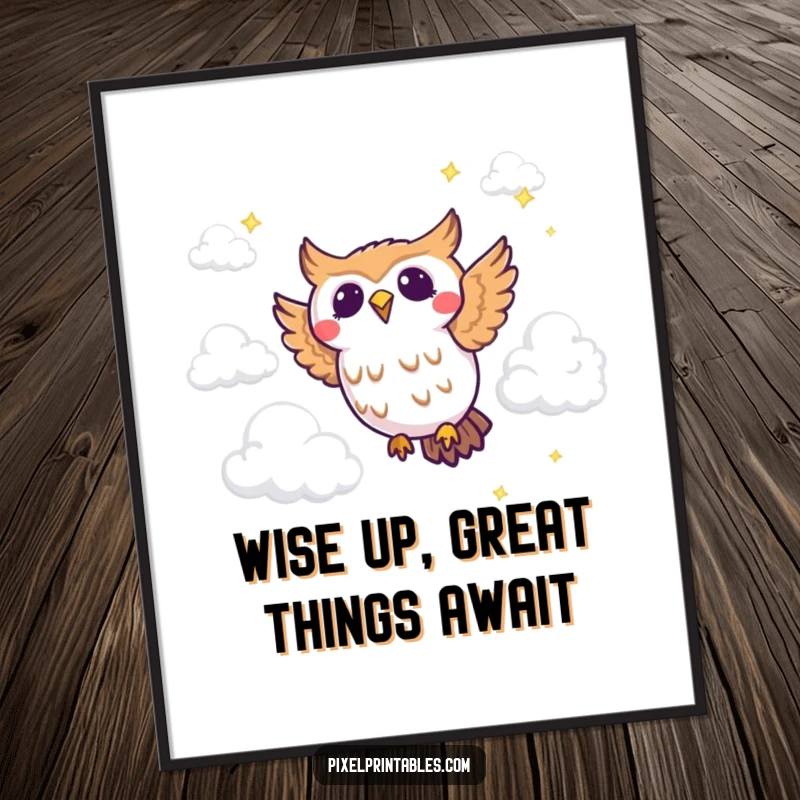 Funny Free Printable wall art: A joyous pixelated owl in mid-flight through a sky filled with pixelated clouds.